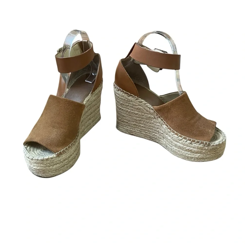 Marc Fisher Mladalyn Suede Brown Wedge Platform Espadrilles with Ankle Strap 6.5